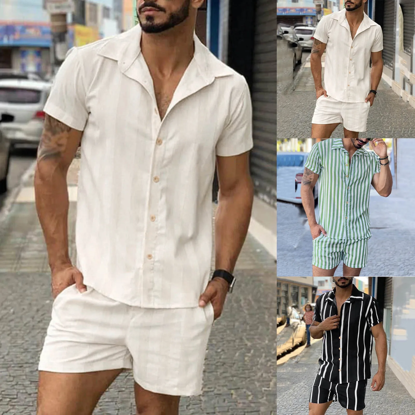 Mens Stripe Stitching Sports Sets Novelty Summer 1/4 Zip Shirt+Beach Shorts Tracksuit 