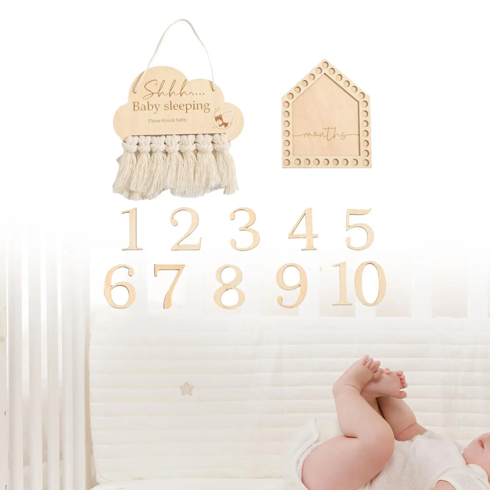 Wooden Baby Milestone Cards Newborn Photoshoot Props Tassel Room Door Hanger