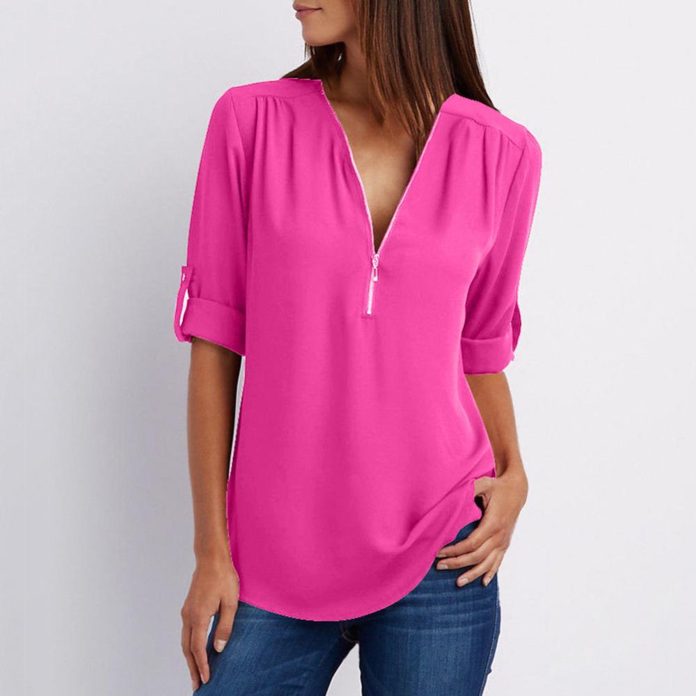 Title 14, Casual Office Lady Blouses Sexy Solid Color Zip...