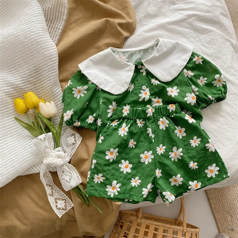 Clothing Sets luxury 2022 Summer New Fashion Top Pants Set Kids Doll Collar Green Fashion Clothes Set  Boutique Kids Clothing Simple Style twin clothing sets