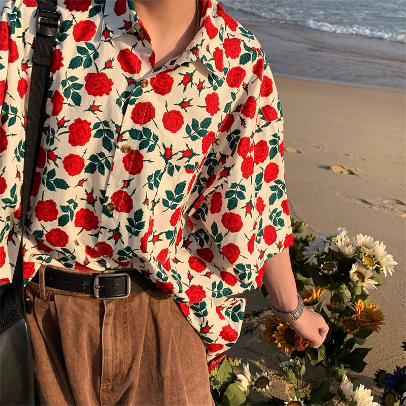 vintage vermelho floral botão up camisa das