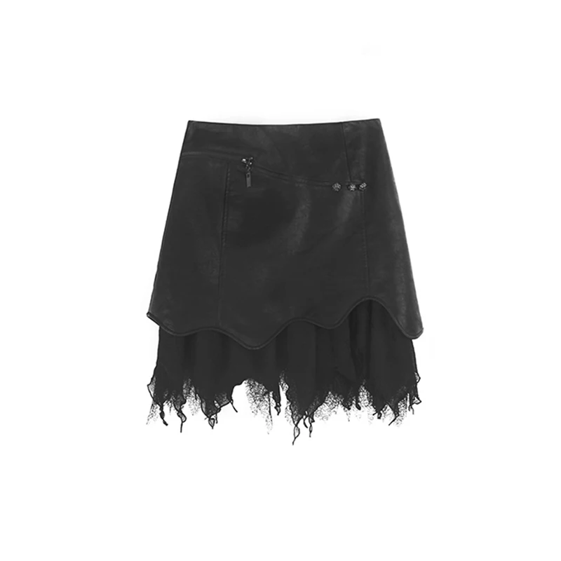 Lace Patchwork Leather Skirt  Women’s Punk Punkrock Goth Gothic Black High Rise Waist A Line Mini Skirts Fashion Spring Summer Clothes for Stylish Woman
