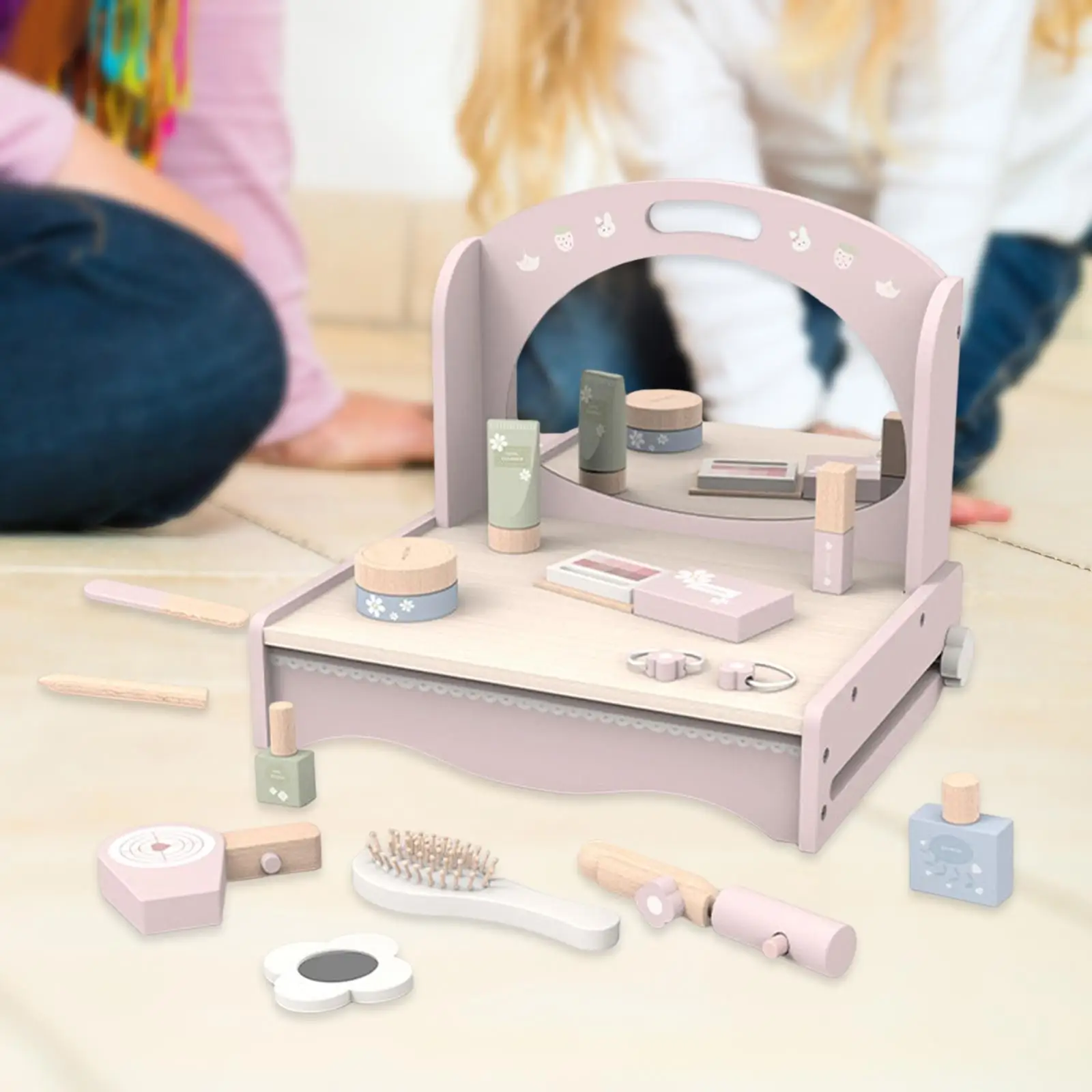 Wood Kids Makeup Sets with Pretend Makeup Accessories Kids Vanity Table Dress Table Toy for Game Role Play Interaction Activity