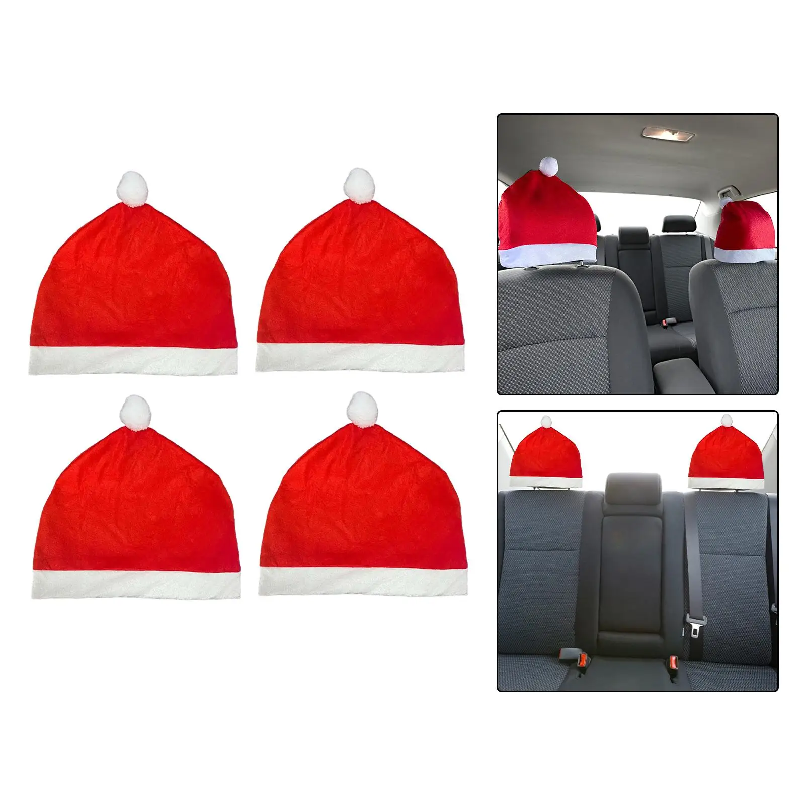 4Pcs Cute Santa Hat Car Headrest Covers Christmas Hat for Most Car Headrests
