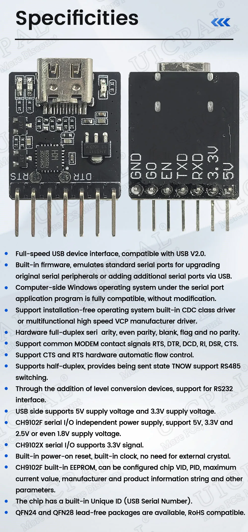 CH9102F Downloader-Modul-Chip zum Programmieren für ESP32MINI TYPE-C USB zu UART RS232 RS485 Serieller Anschluss Download 7-Pin – Detail 3