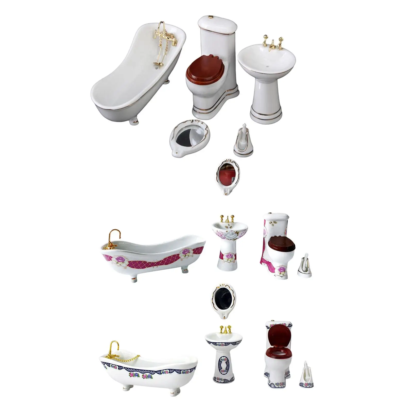 1:12 Dollhouse Miniature Bathroom Set Ceramic Toilet Basin Bathtub Mirror Miniature Furniture Doll Accessories for Bathroom