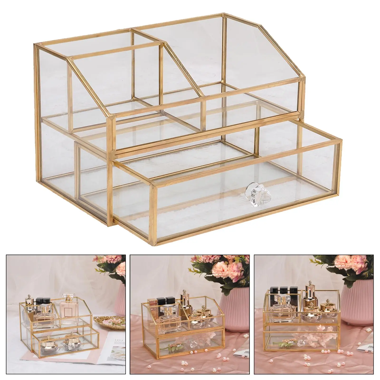 Luxury Glass Box Clear Glass Gold Tone Metal Jewelry Storage Case Cosmetic Makeup Lipstick Holder Organizer with Drawer