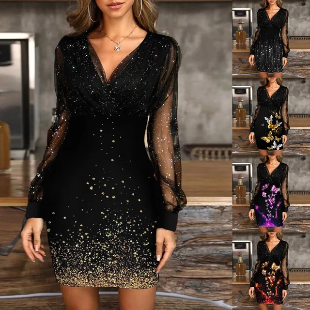 Sexy Elegant Slim Fit Waist Cinching Dresses With Mesh Panel Glamorous  Sophisticated Long Sleeve Sequin Evening Dress Ladies - AliExpress