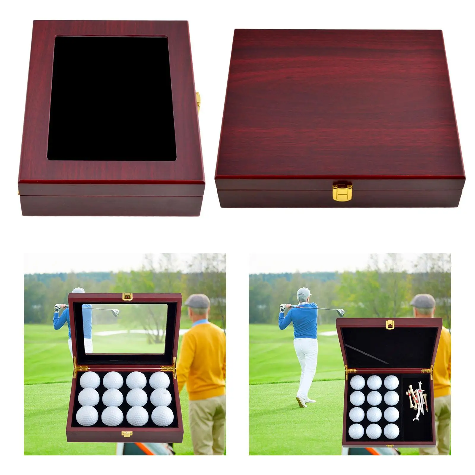 Wood Golf Ball Display Box Case 12 Holes Organization Accessory Red Color