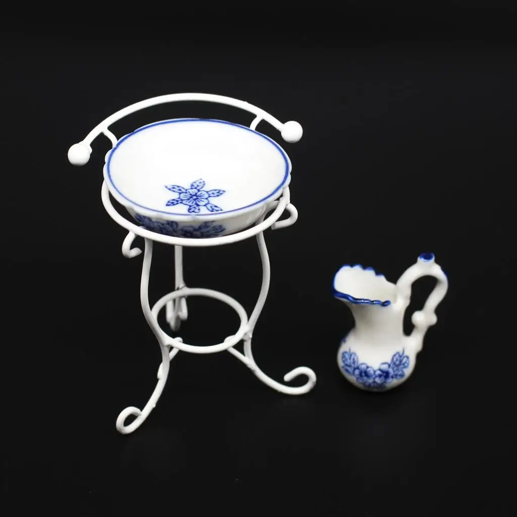 1/12 Scale Dollhouse Bathroom Miniature  Pot Washbasin Rack Set