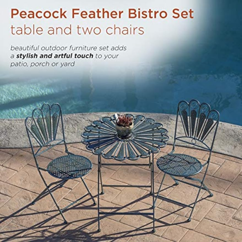 Description Picture 6 of itemAlpine Corporation Indoor/Outdoor 3-Piece Peacock Feather Rustic Metal Bistro Set Patio Seating, Light Blue, 30 Inch Tall
