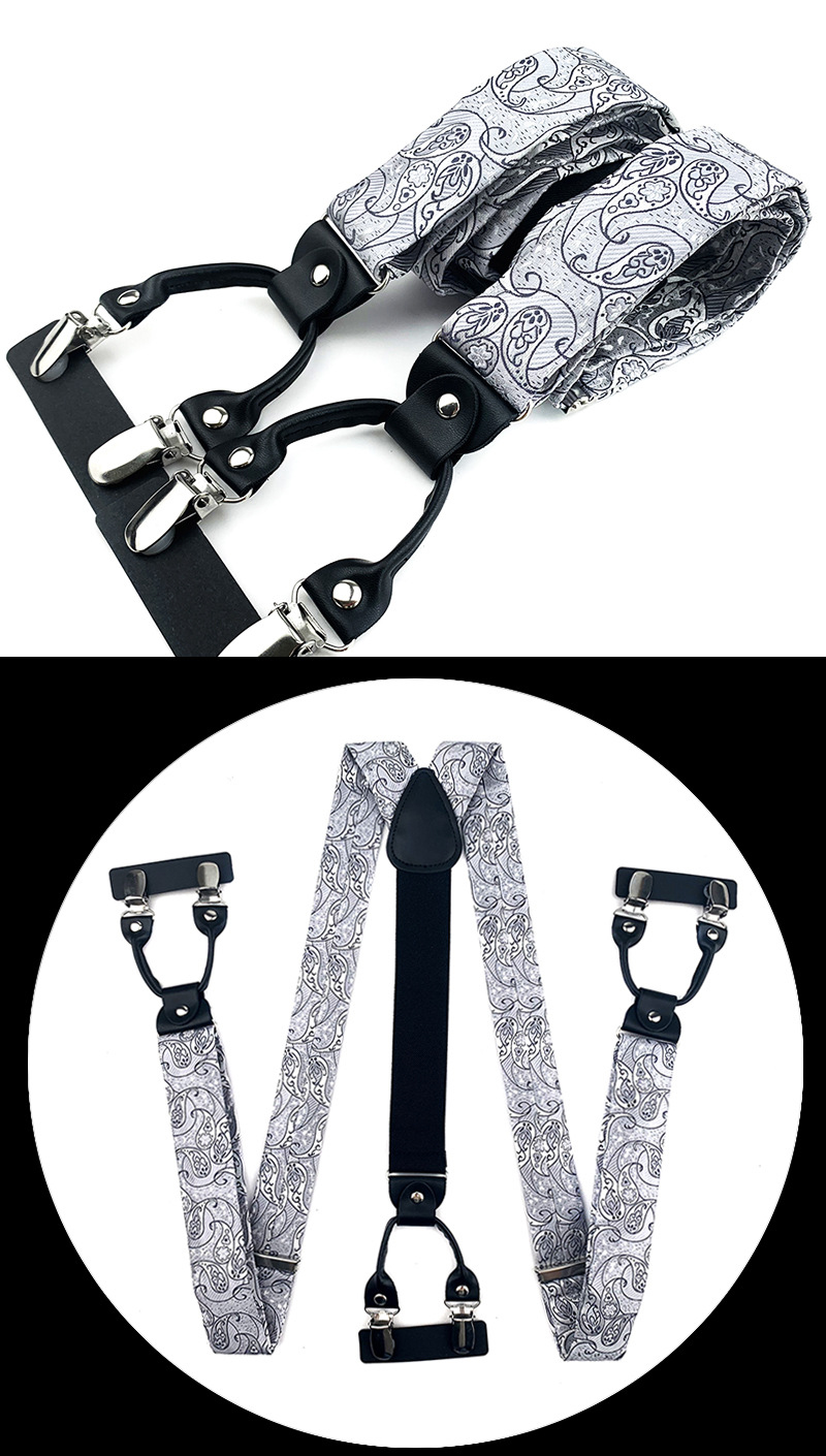 VEEKTIE Brand Suspender For Men 6 Snap Hooks Y-back Adjustable Jacquard Floral Check Shirts Paisley Yellow Blue Vintage Retro