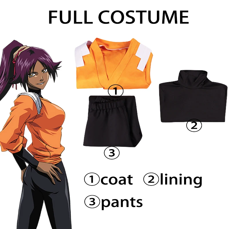 Anime BLEACH Cosplay Shihouin Yoruichi Cosplay Costume Long Sleeve Coat Pants Outfits Halloween Carnival Costumes for Women