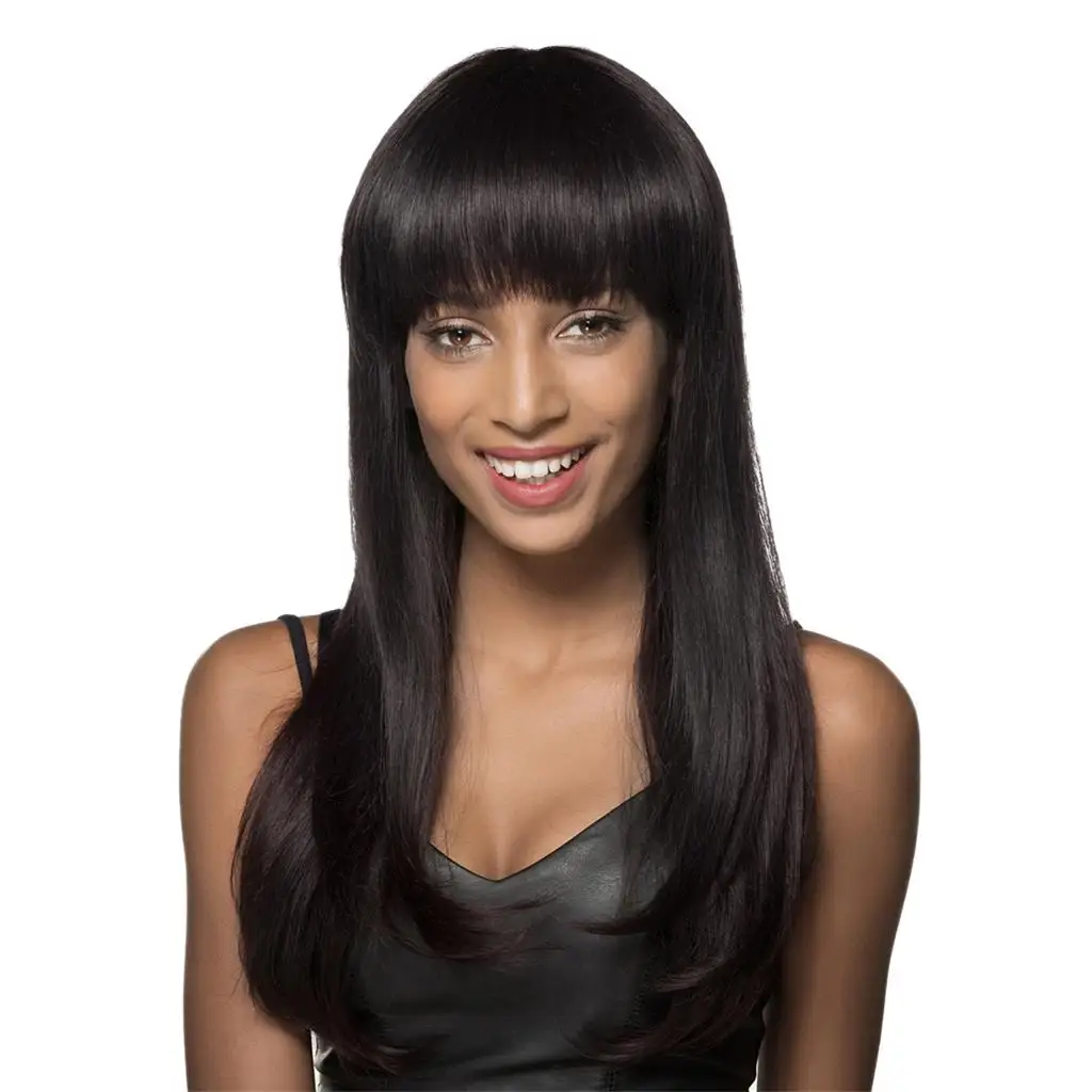 HEAT RESISTANT Elegant Women Long Straight 70% Real Human Hair Wigs With Cap Flat for Cosplay Use Black