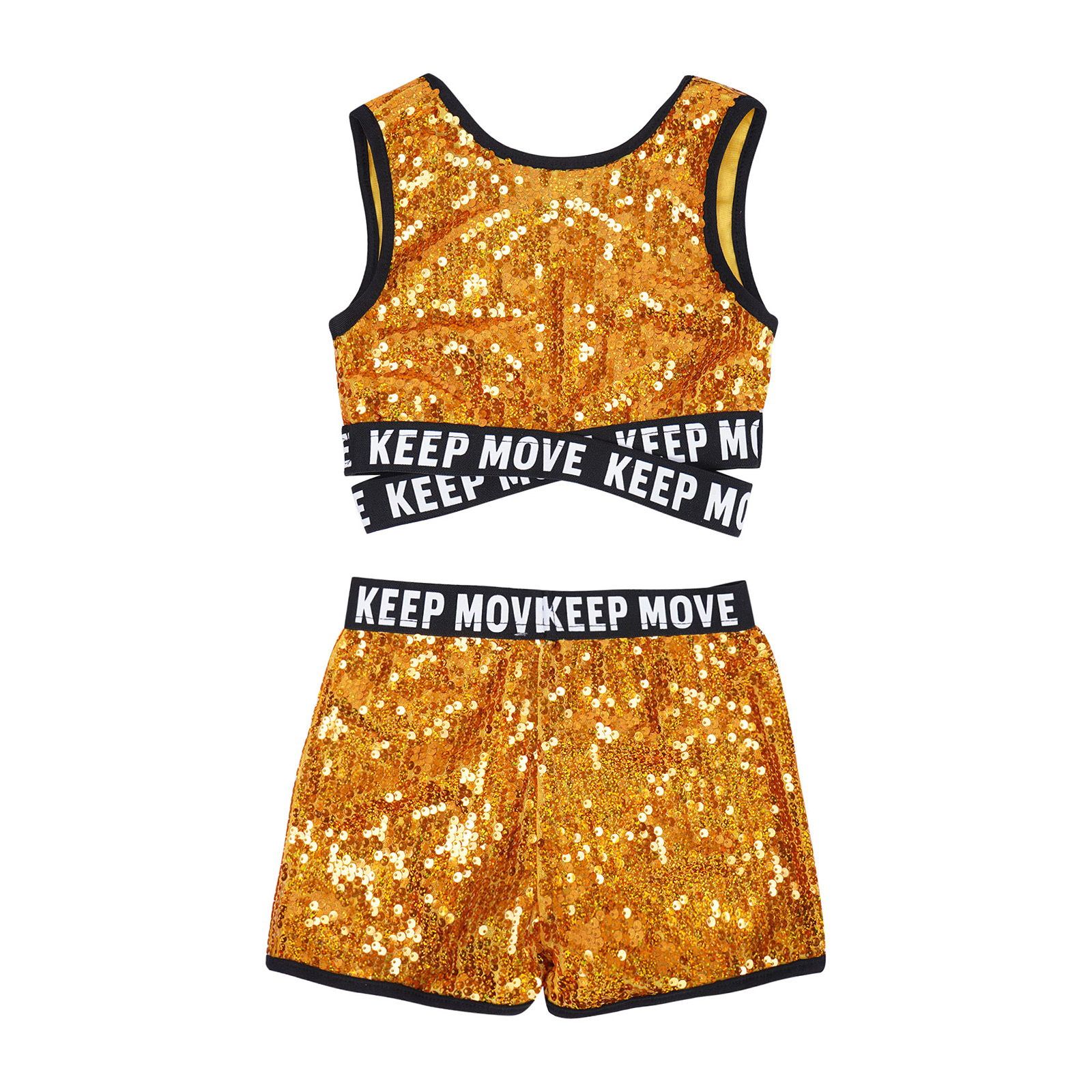 Kinder Mädchen Glänzende Pailletten Jazz Dance Outfits Ärmelloses Brief Drucken Träger Crop Top mit Shorts Bühne Performance Dancewear – Detail 9