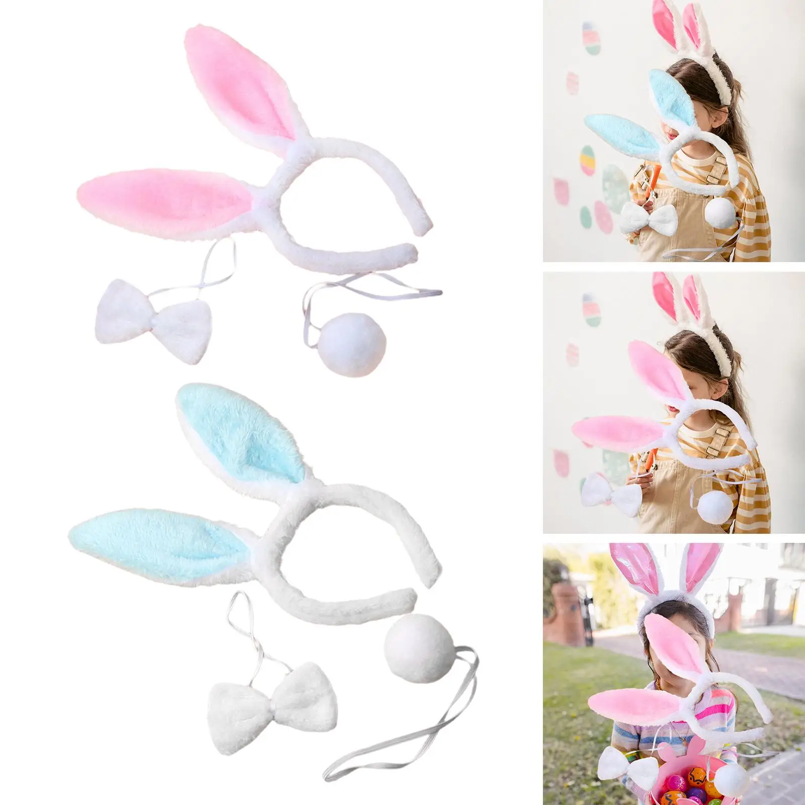 Bunny Costume Set Rabbit Ear Headband Rabbit Tail Headwear Bow Tie Headpiece for Cosplay Carnival Birthday Role Play Adult