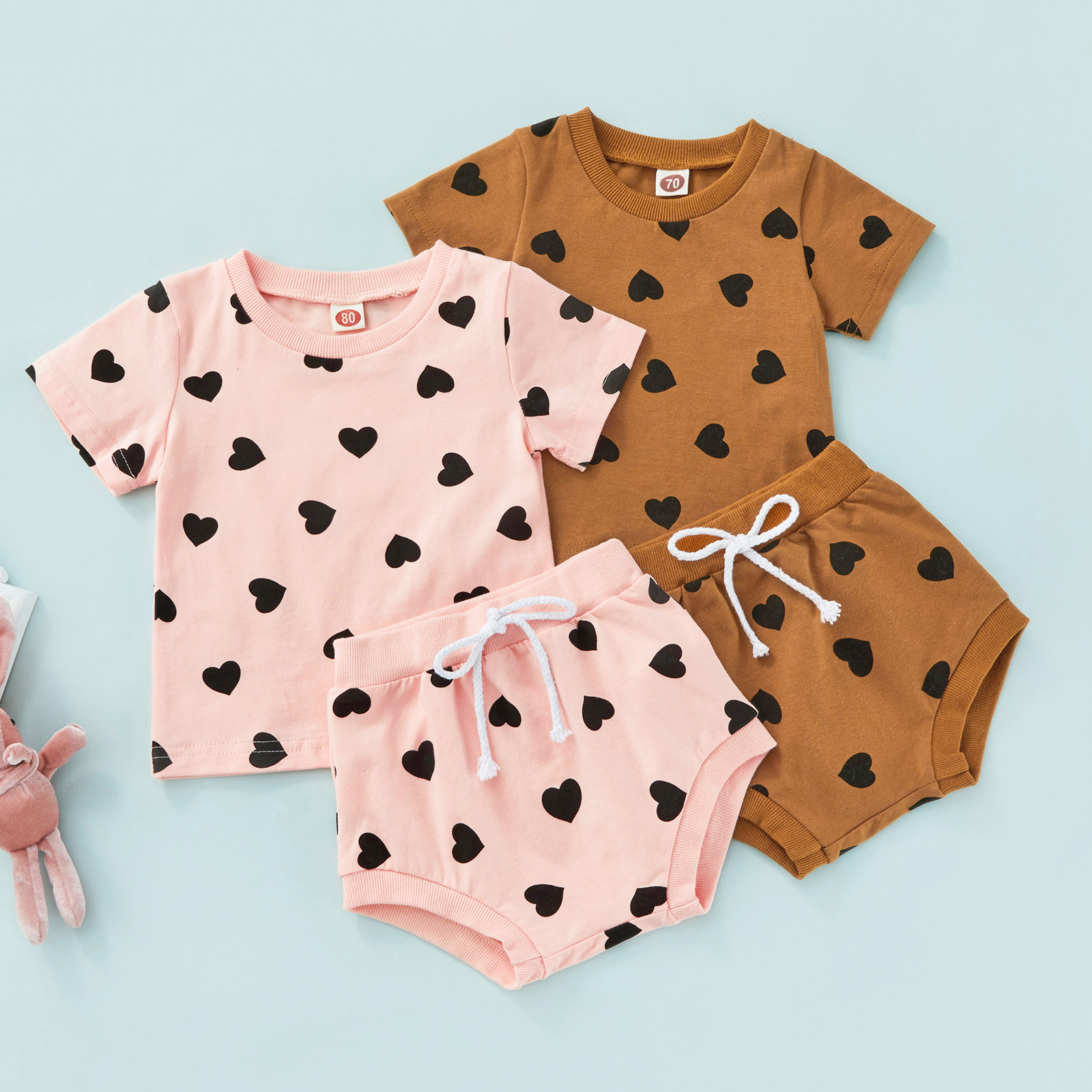 vintage Baby Clothing Set Infant Baby Girls Boys Two-Piece Clothes Outfit, Round Neck Short Sleeve Heart Printed T-Shirt + Drawstring Shorts Baby Clothing Set comfotable