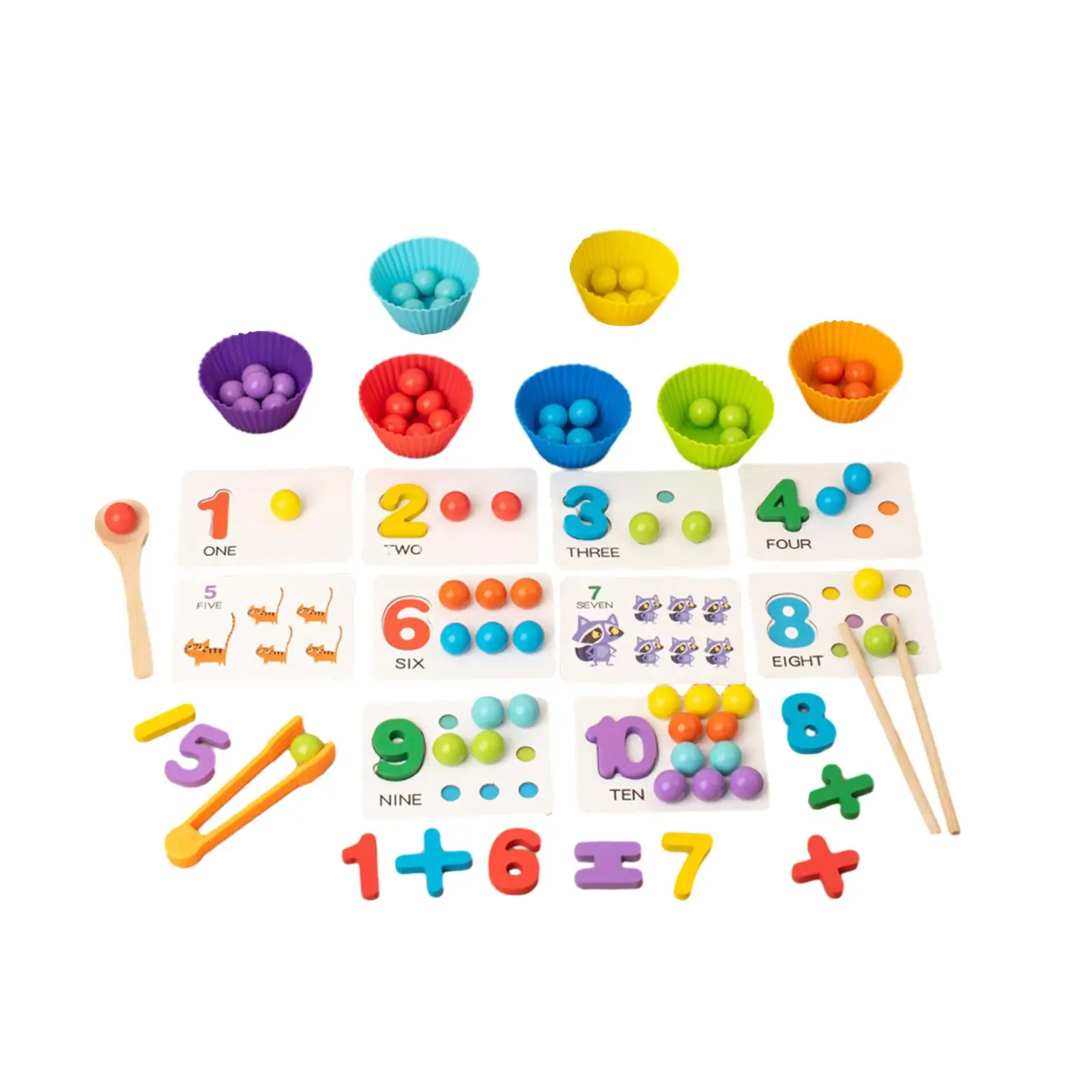 Clip Bead Game Fine Motor Skill Number Cognition Animal Learning Montessori Wooden Rainbow Balls in Cups for Primary Preschool