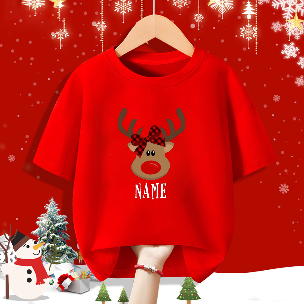Personalisiertes Kind Weihnachten Rotes Hemd Hirsch Name Kind Kurzarm Kleidung T-Shirt Geschwister Passendes Weihnachtsoutfit Kinder T-Shirts – Detail 4