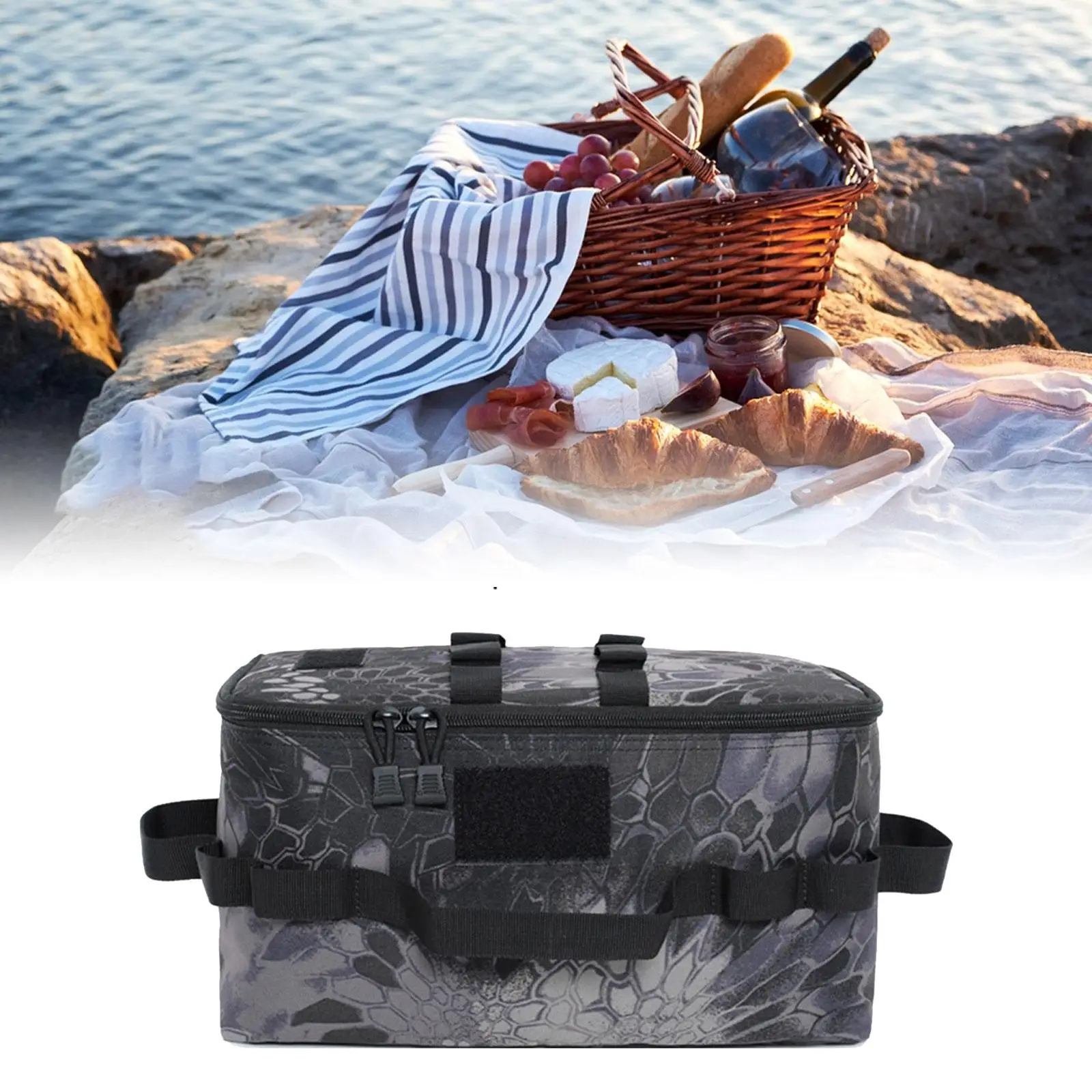 Camping Storage Bags Toolbox BBQ Cooking Utensils Carry Bag Sturdy Upper Cover Mesh Pocket Design for Family Hiking Versatile