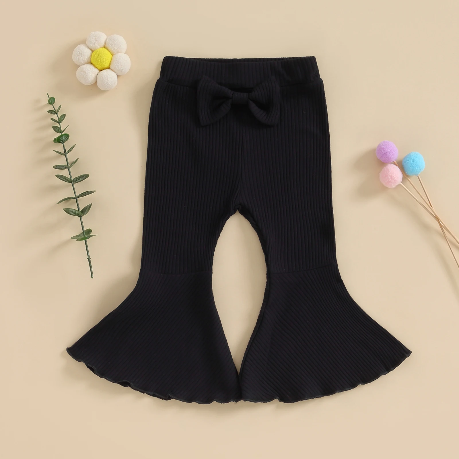 S23338eae397b4787a9c0efe514b30682P Cute Kids Baby Girls Flare Pants Soft Cotton Solid Color Ribbed Elastic Toddler Bell Bottoms Trousers Bow Ruffle Pants for Child