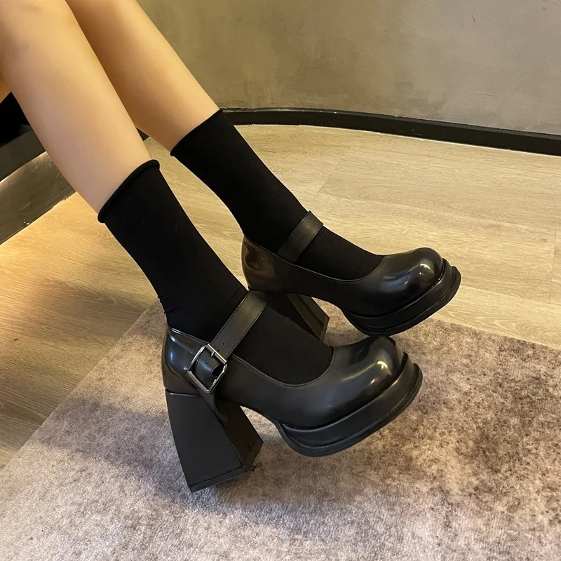Chunky Mary Jane Shoes  Women’s Black Faux PU Leather Thick Heels womens workwear Ladies Office Dress Pumps Designer Platform Uniform High Heels Footwear for Woman 