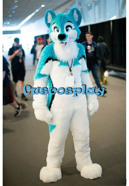 Long Fur Furry Costume Husky Dog Fox Mascot Costume Fursuit Wolf White Blue Cosplay Party Fursuit Halloween Suit Adult Size