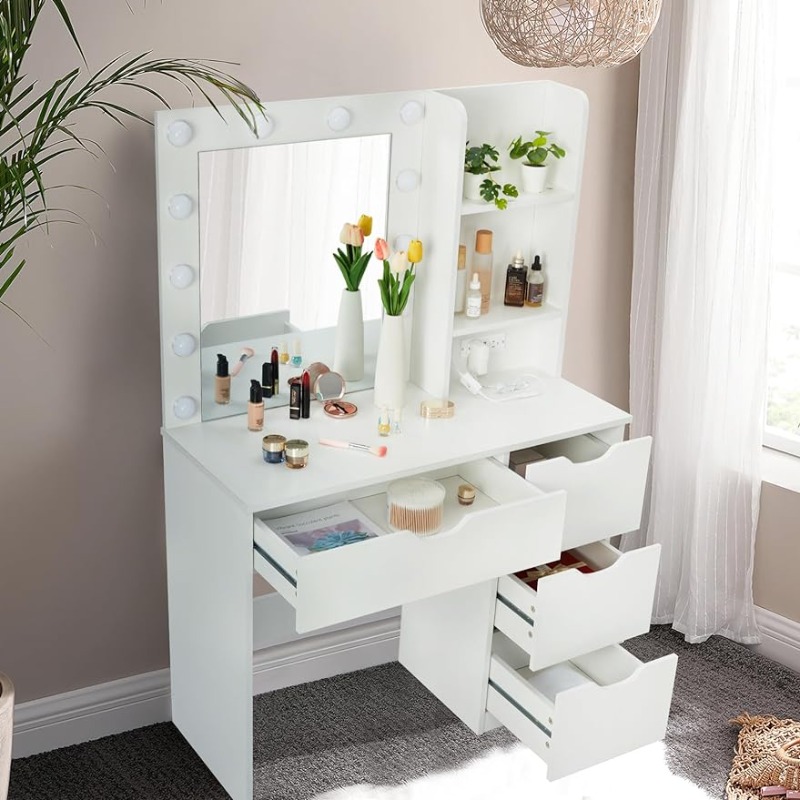 Description Picture 2 of itemGaoMon Makeup Vanity with Charging Station, Vanity Desk with 12 Bulbs, Storage Shelf