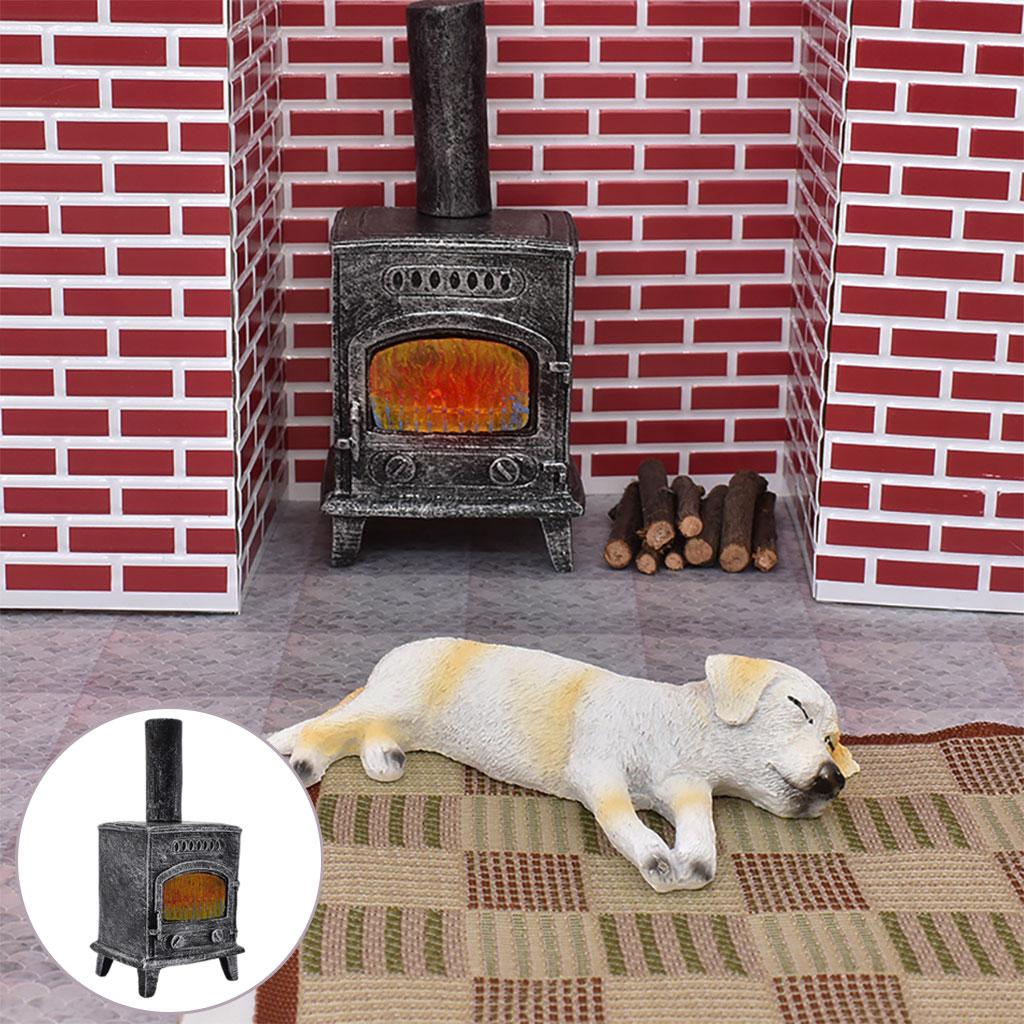 1/12 Miniature Fireplace Model Toys Electric LED Flame Simulation Vintage Doll House Resin Living Room Freestanding Ornaments