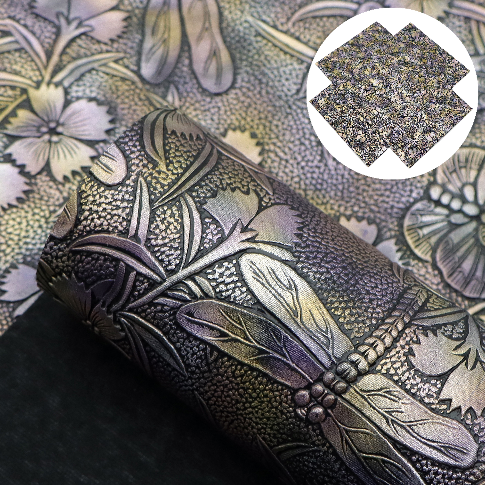 Description Picture 4 of itemMetallic Color Flower Faux Leather Sheets Dragonfly Flower Synthetic Leather Fabric Roll For DIY Earrings Bags Bows