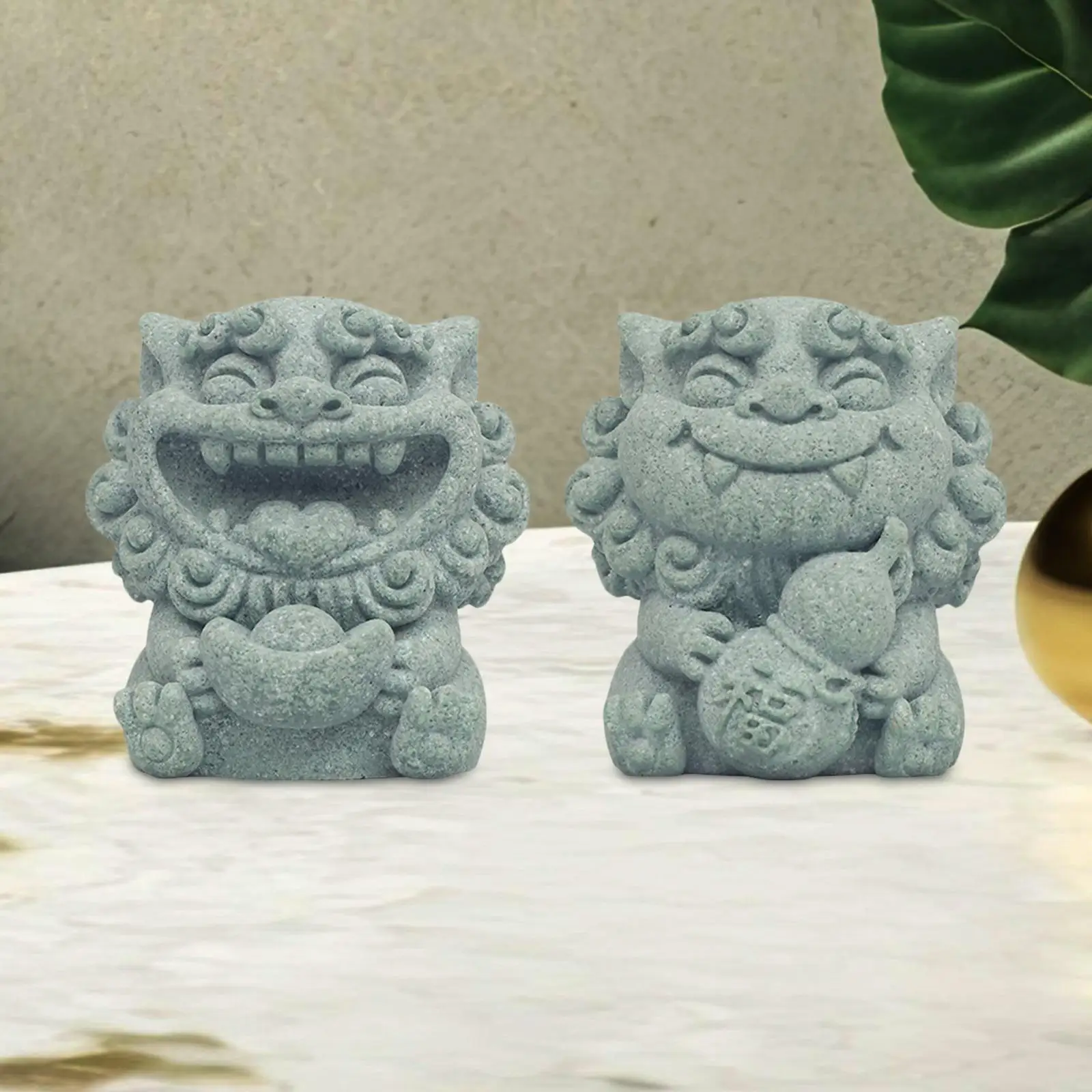 2x Mini Lion Statue Figurine Chinese Figurine Stone Sculpture Carving for Dollhouse Miniature Tabletop Entryway Garden Bedroom