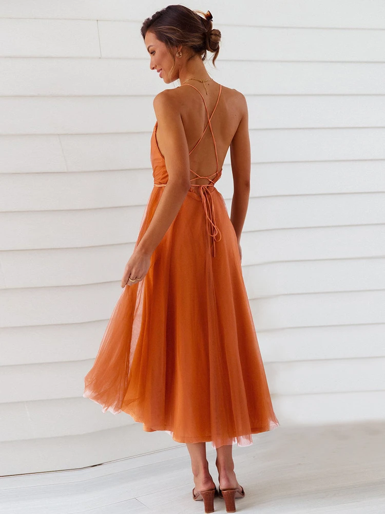 2022 Women's Summer Slip Dress Female Fashion Luxury Elegant Orange Sexy Mesh Backless Bridesmaid Night Midi Evening Party Dress -S23863acf164046c7800a627657899326e