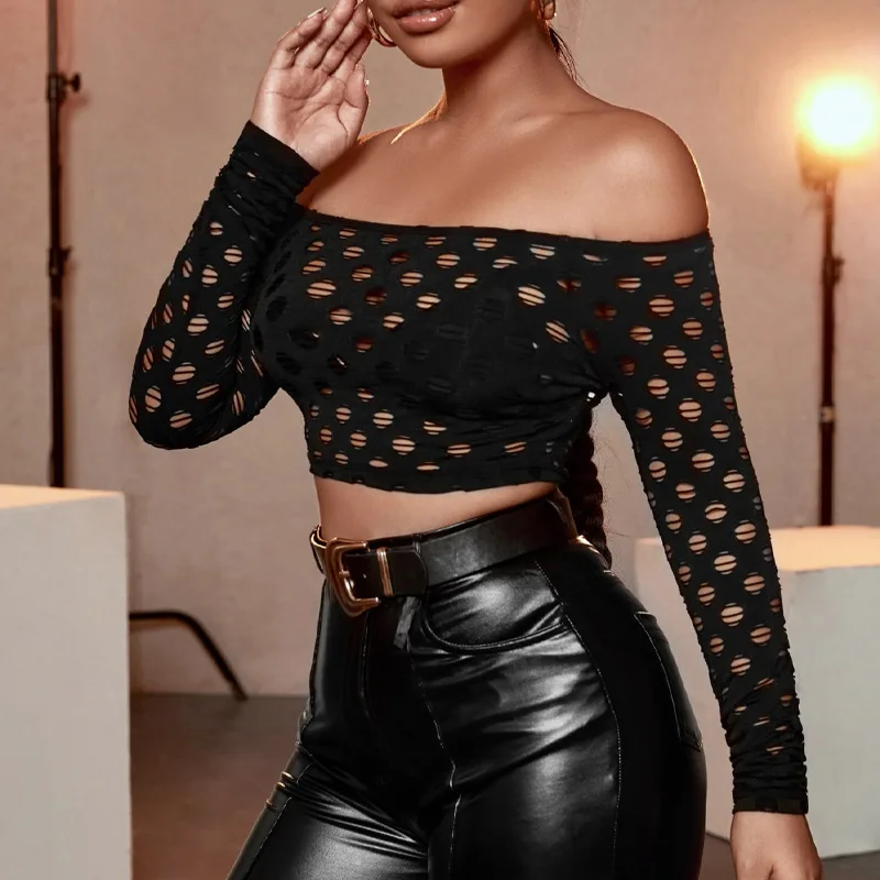 Cut Out Top Slash Neck Off Shoulder Mesh Top for Women Ladies Female Summer 2022 Sexy Black Long Sleeve Crop Top Y2k Aesthetic graphic tees
