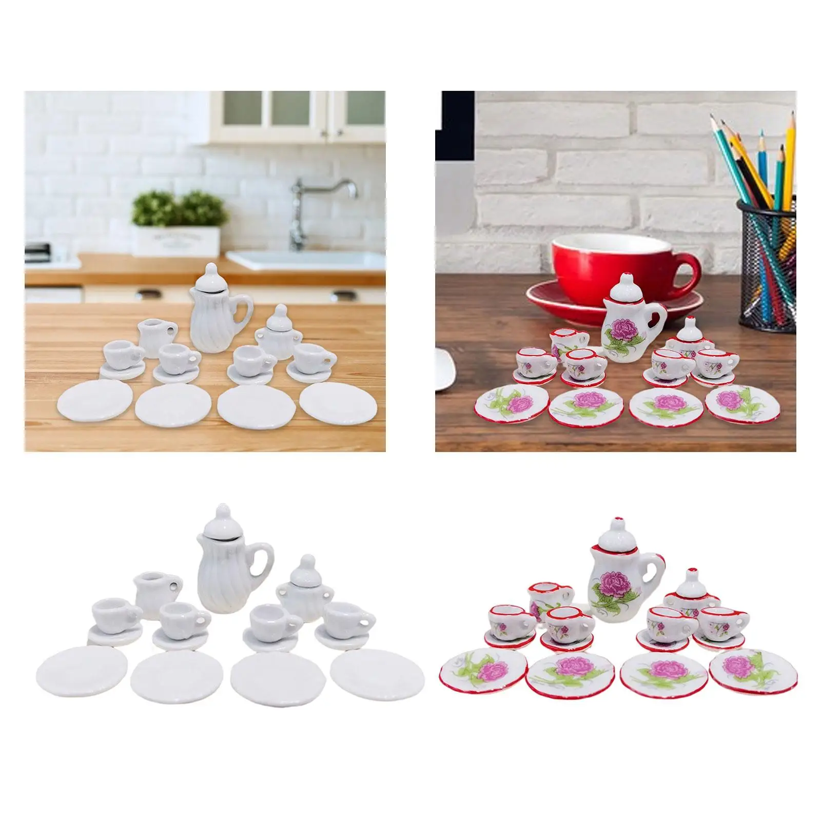 Dollhouse Miniature Porcelain Tea Cup Home Mini Teapot Cup Plate Ornaments