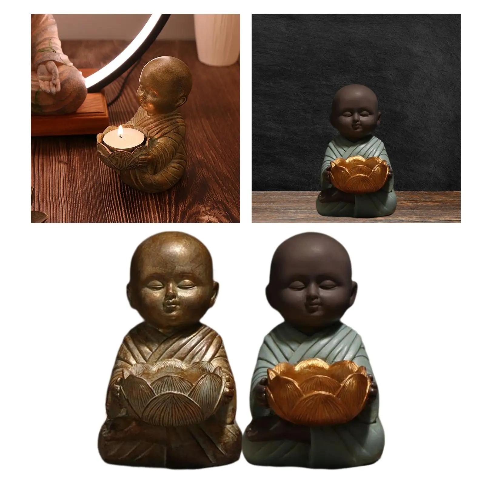 Small Meditating Little Monk Buddha Statue Tealight Candle Holder Antique Thai Monk Figurines Ornaments for Home Tabletop Hotel
