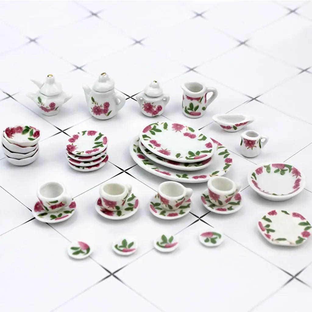 1/12 Dollhouse Miniature Tea Set in 27 Pcs, Flower Porcelain Classic  Set with Tray Pot, for Dollhouse Kitchen Accessories