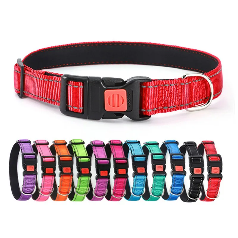 Un collar para perros con un diseño único. El collar tiene una correa negra con un patrón tejido rojo y una hebilla negra. La hebilla está asegurada con un botón rojo y hay un lazo de metal plateado al final del cuello.