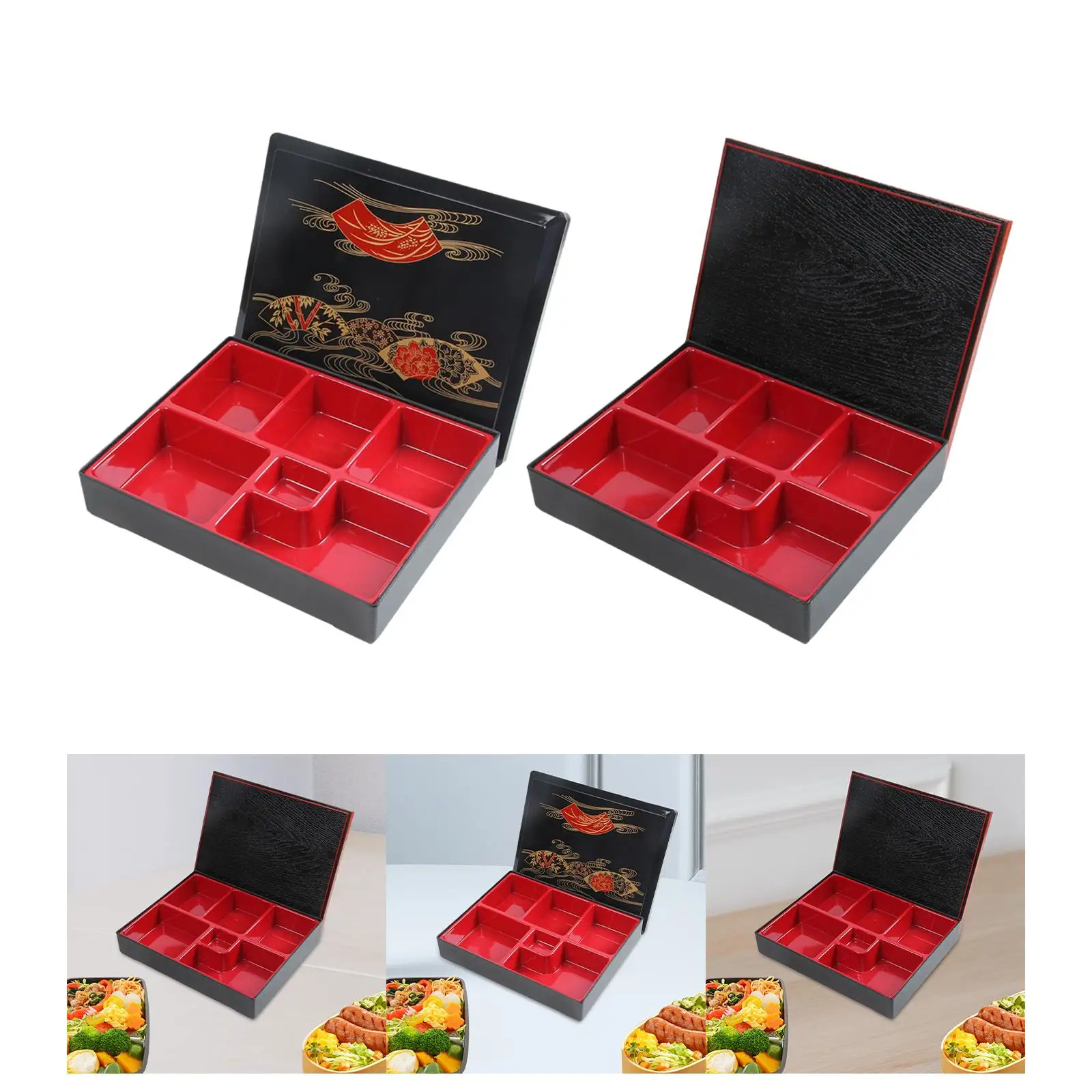 Japanese Bento Box Red and Black with Lid Snack Serving Tray Serving Dish for Picnic Restaurant Office Home Sushi, Rice, Sauce