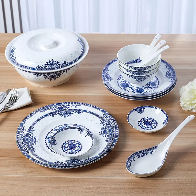 Juego de cuencos y platos para el hogar Jingdezhen, vajilla China de hueso,  combinación de porcelana azul y blanca, tazón de arroz de cerámica de diez  personas, nuevo - AliExpress