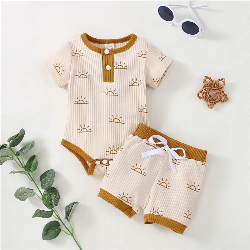baby clothes mini set Summer Toddler Baby Girls Boys Clothes Sets Ribbed Knitted Short Sleeve Sun Pinrt Rompers+Drawstring High Waist Shorts Outfits baby clothing set line