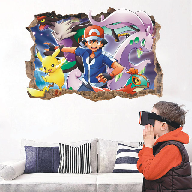 Pokemon pikachu adesivos de parede anime kawaii papel de parede sala quarto  dos desenhos animados pvc quebrado 3d graffiti decoração presente novo -  AliExpress