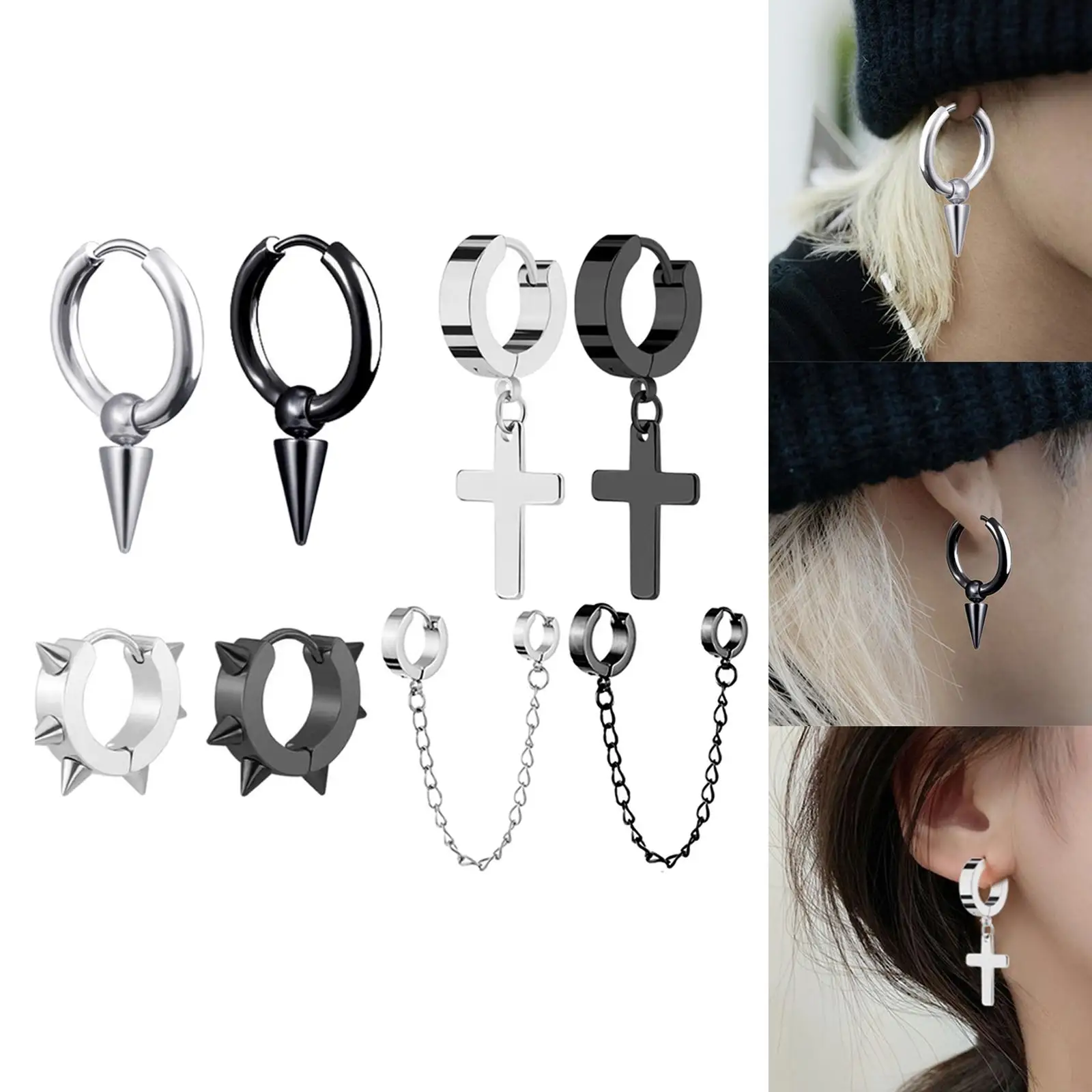 8Pcs Stainless Steel, Hoop Earrings, Punk Earring Ear Earring, Jewelry ,Dangle Hinged Hoop ,