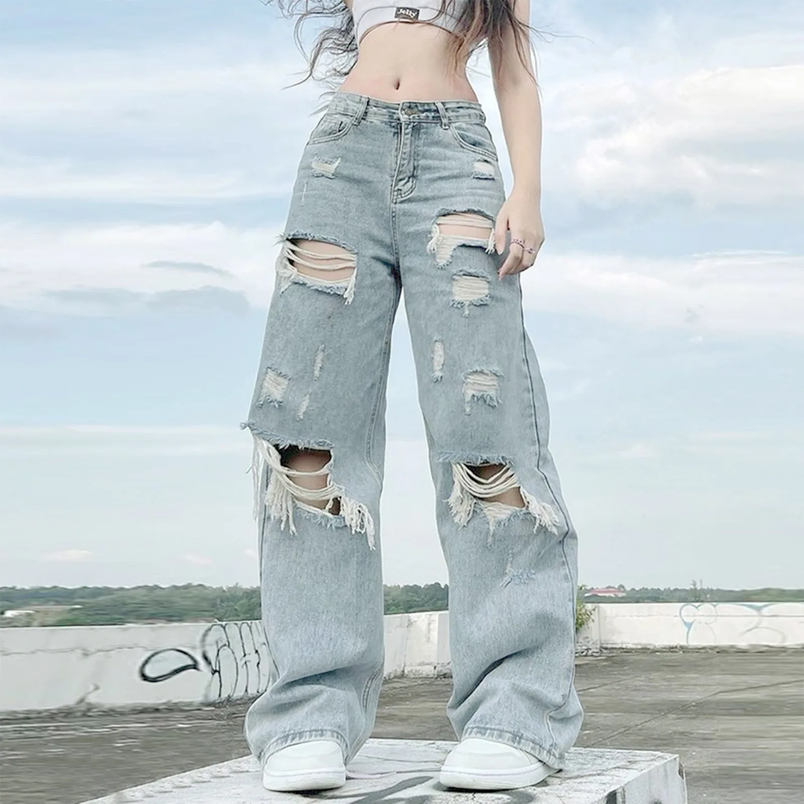 Женские джинсы-карго в стиле Харадзюку, прямые широкие брюки, джинсы встиле хип-хоп, синие мешковатые джинсы с высокой талией в стиле 90-х годов,Y2k
