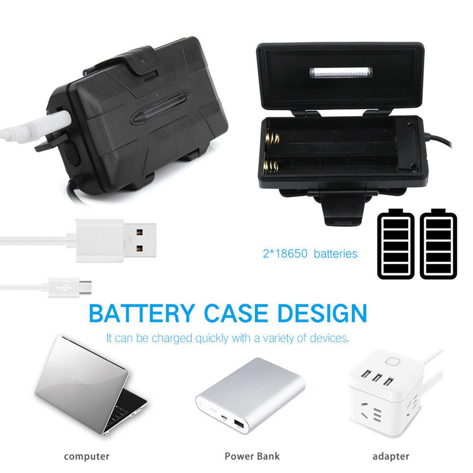 Headlamp Rechargeable 2 Batteries Waterproof 8 LED USB for Running Camping