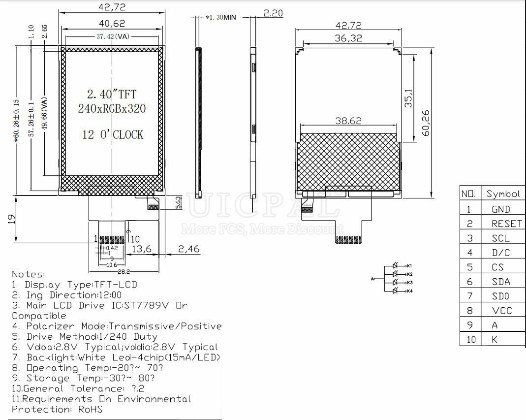 2,4 Zoll tft lcd Auflösung 240*320 st7789v Chip 10pin 4-Draht spi serielle Schnitts telle Löt-Plug-In-Typ berührungs los 3V – Detail 1