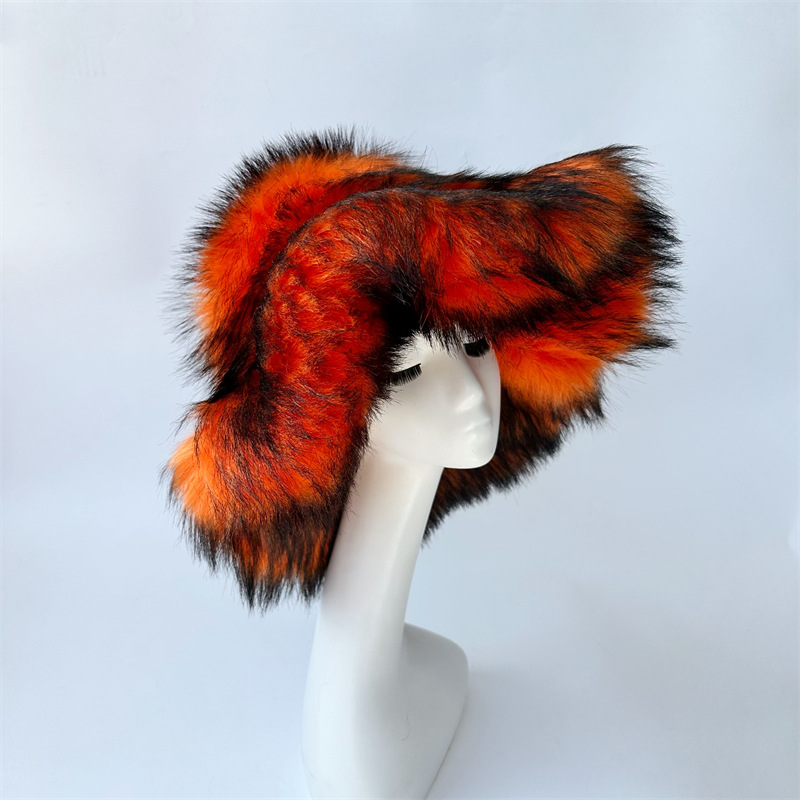 Harajuku Girls Sweet Cute Pink Wide Brim Floppy Furry Shag Hat Women Winter Y2k Fashion Fuzzy Festival Faux Fox Fur Bucket Hats