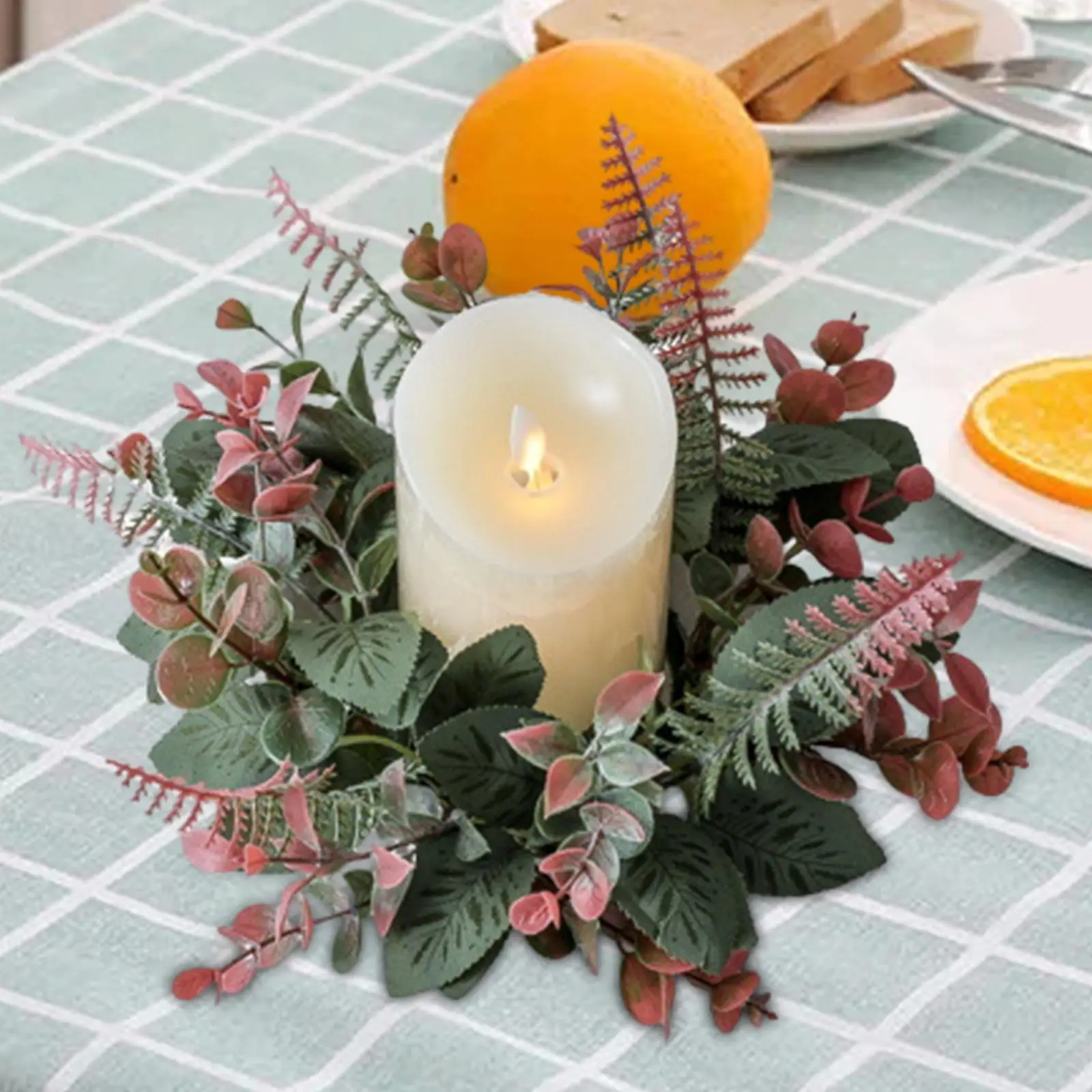 Pillar Candle Ring Artificial Wreath Floral Arrangement Ornament Greenery Candle Rings for Bar Wedding Home Party Supplies Cafe