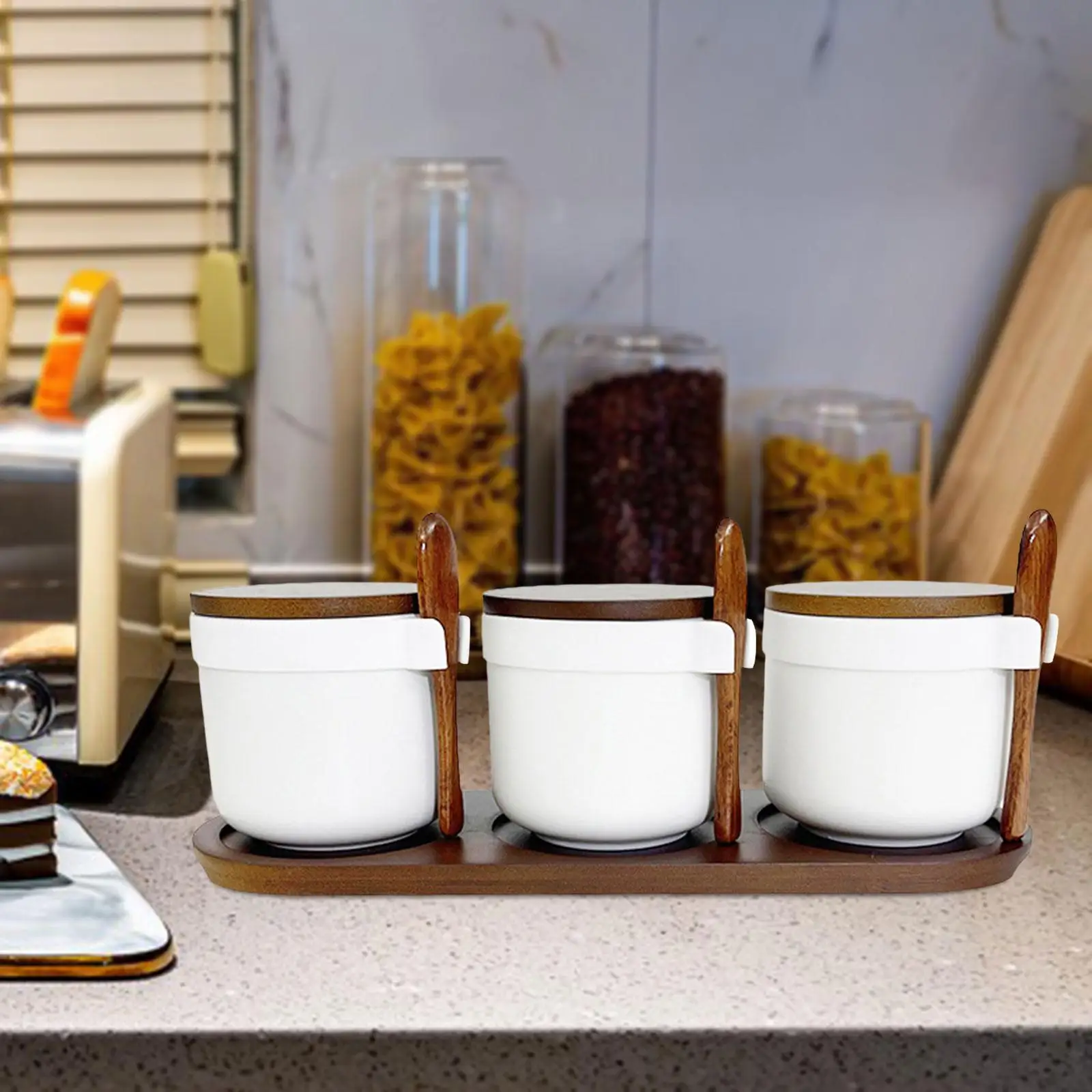 3x Ceramic Spice Jars Spice Bowls Food Storage Canister Dustproof Porcelain Condiment Jars Set for Kitchen Storage Home Sugar
