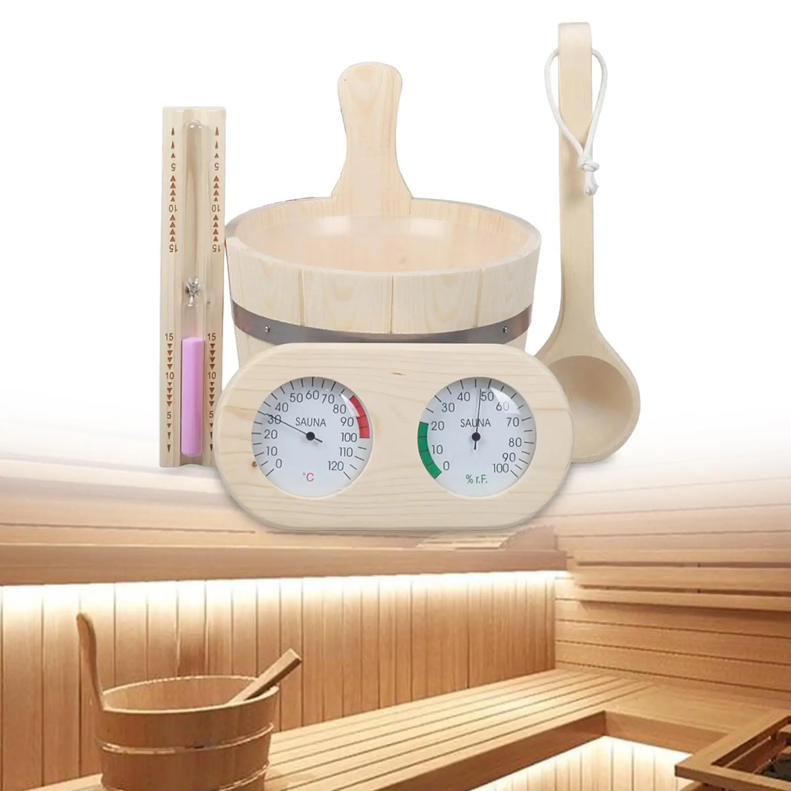 5Pcs SPA Accessory Handmade Hourglass Sauna Bucket and Ladle Set Thermometer and
