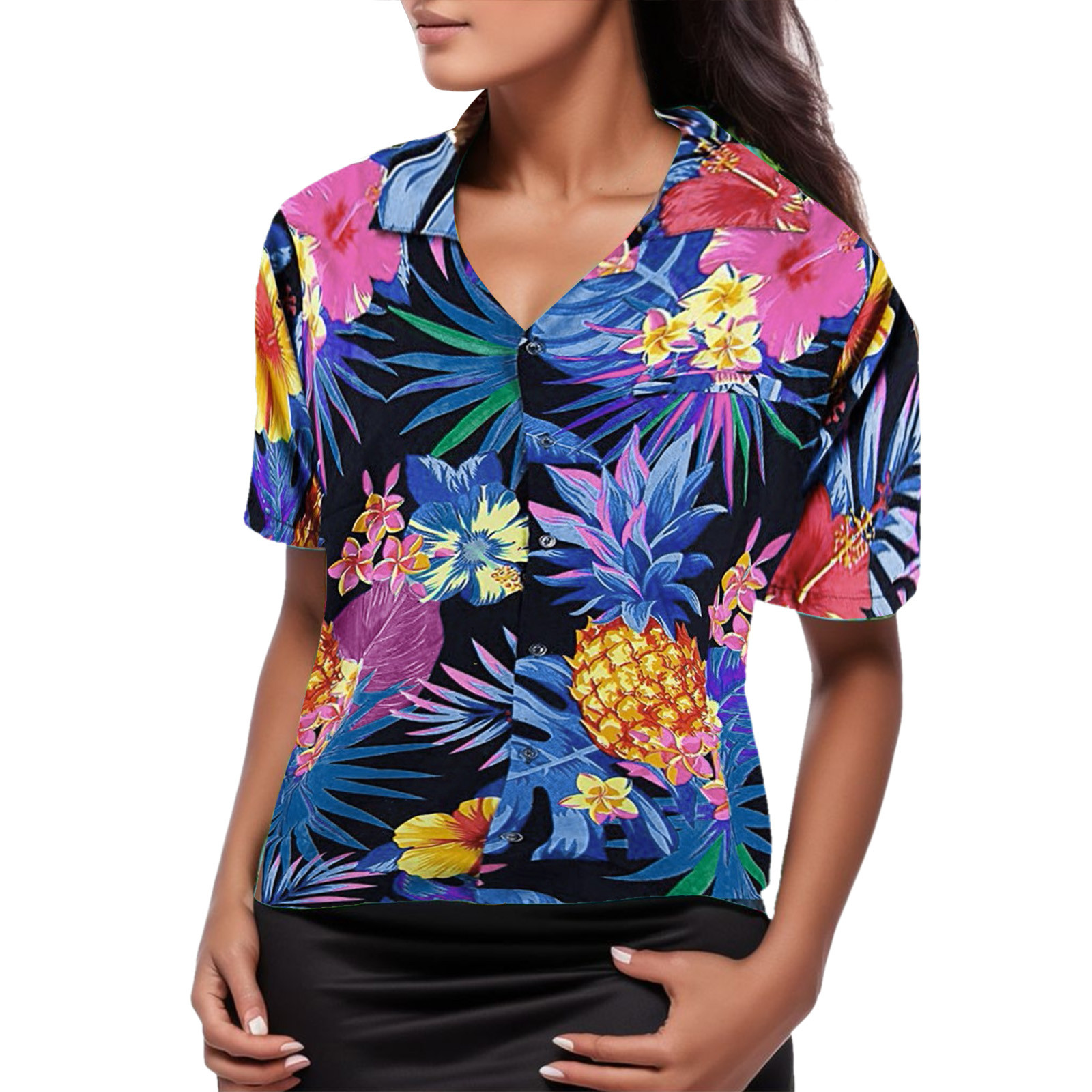 Title 2, Women Hawaiian Shirts Tropical Floral Pineapple...